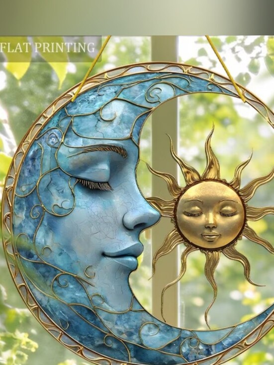 Projector lamp lamp Other - Blue Crescent Moon with Gold Sun Wall Sculpture - Serene Home Art. Acrylic Made.